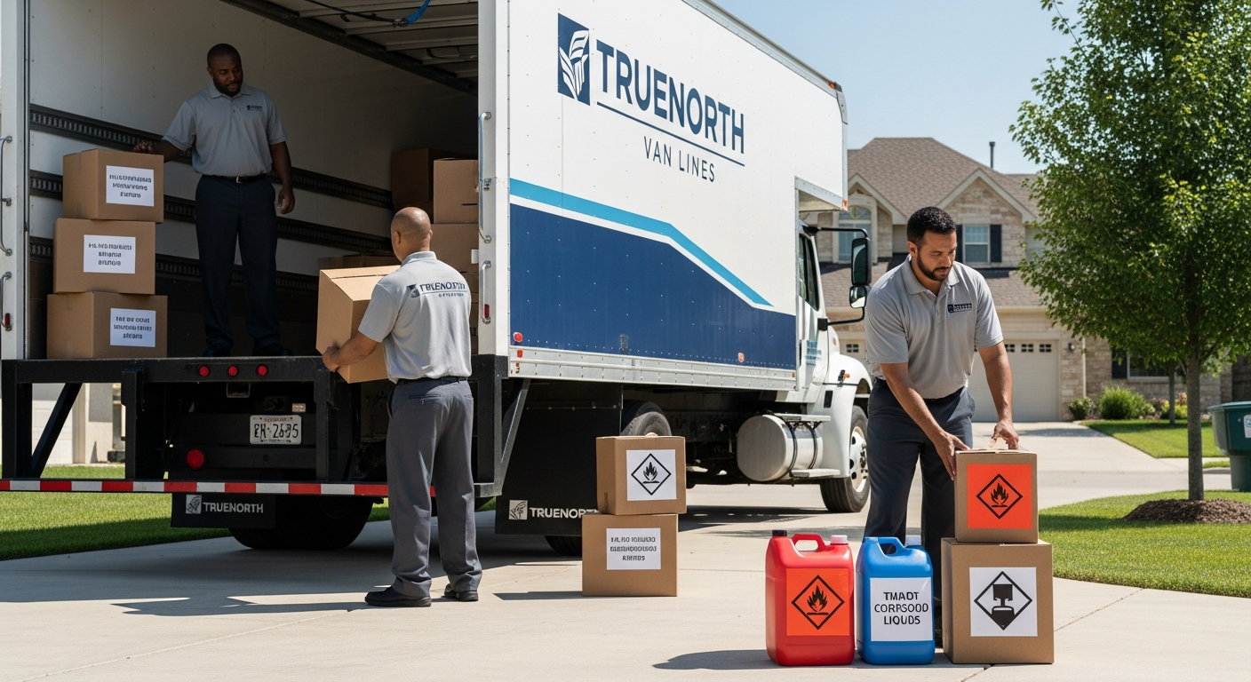 Professional movers sorting boxes and separating prohibited items before a household move