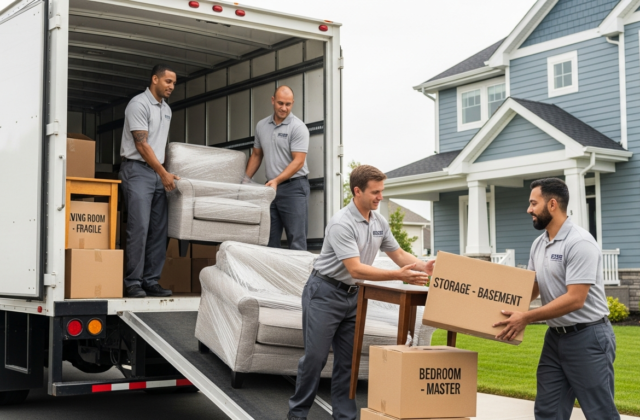 Professional movers loading boxes and furniture into a truck and storage