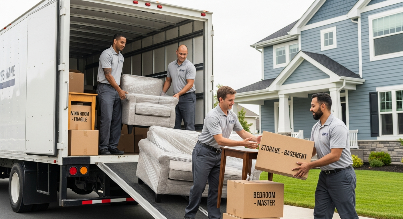 Professional movers loading boxes and furniture into a truck and storage