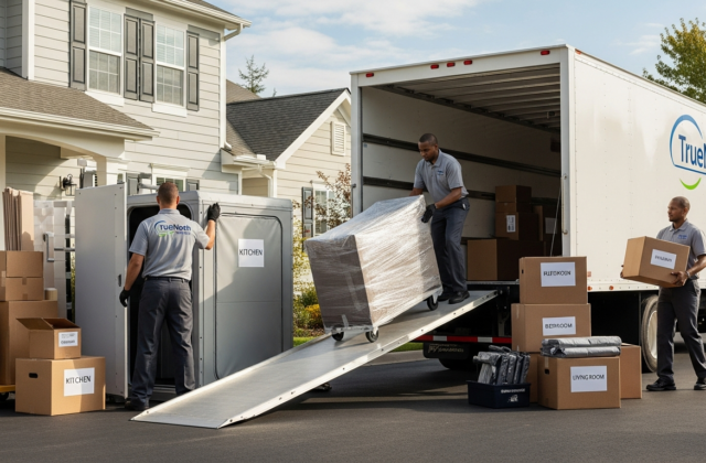 Professional movers loading boxes between a home and storage unit