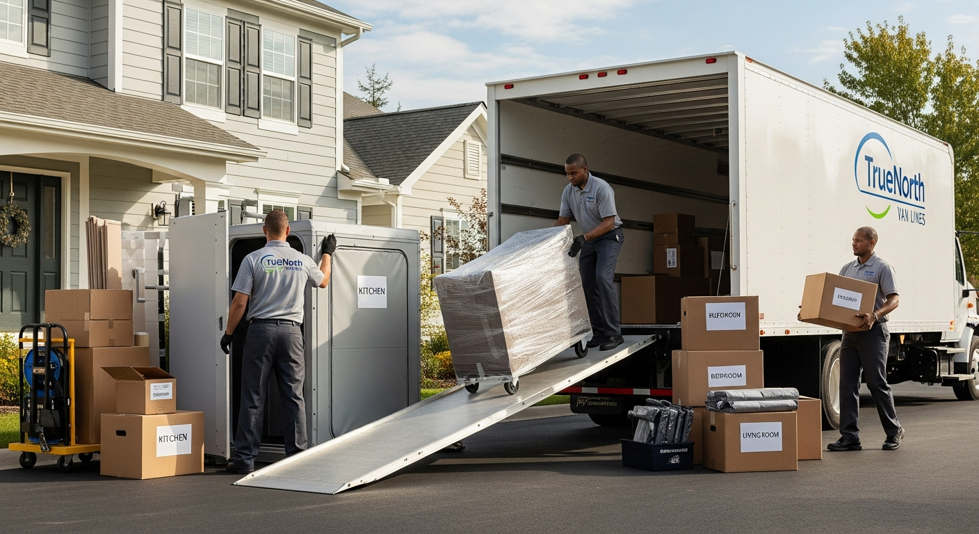 Professional movers loading boxes between a home and storage unit