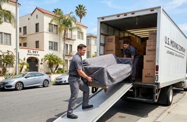 Professional movers loading boxes into a moving truck outside a Los Angeles apartment building
