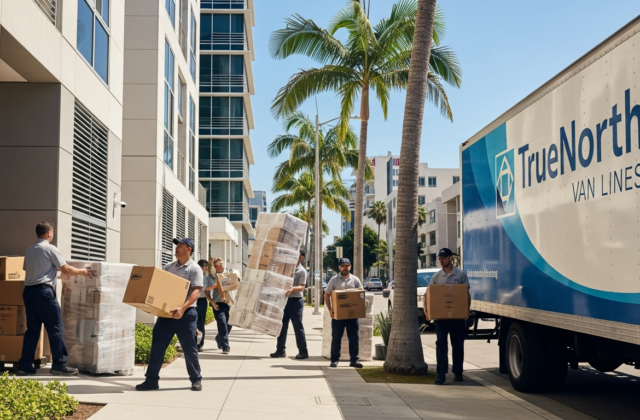 Professional movers unloading boxes into a Los Angeles apartment building