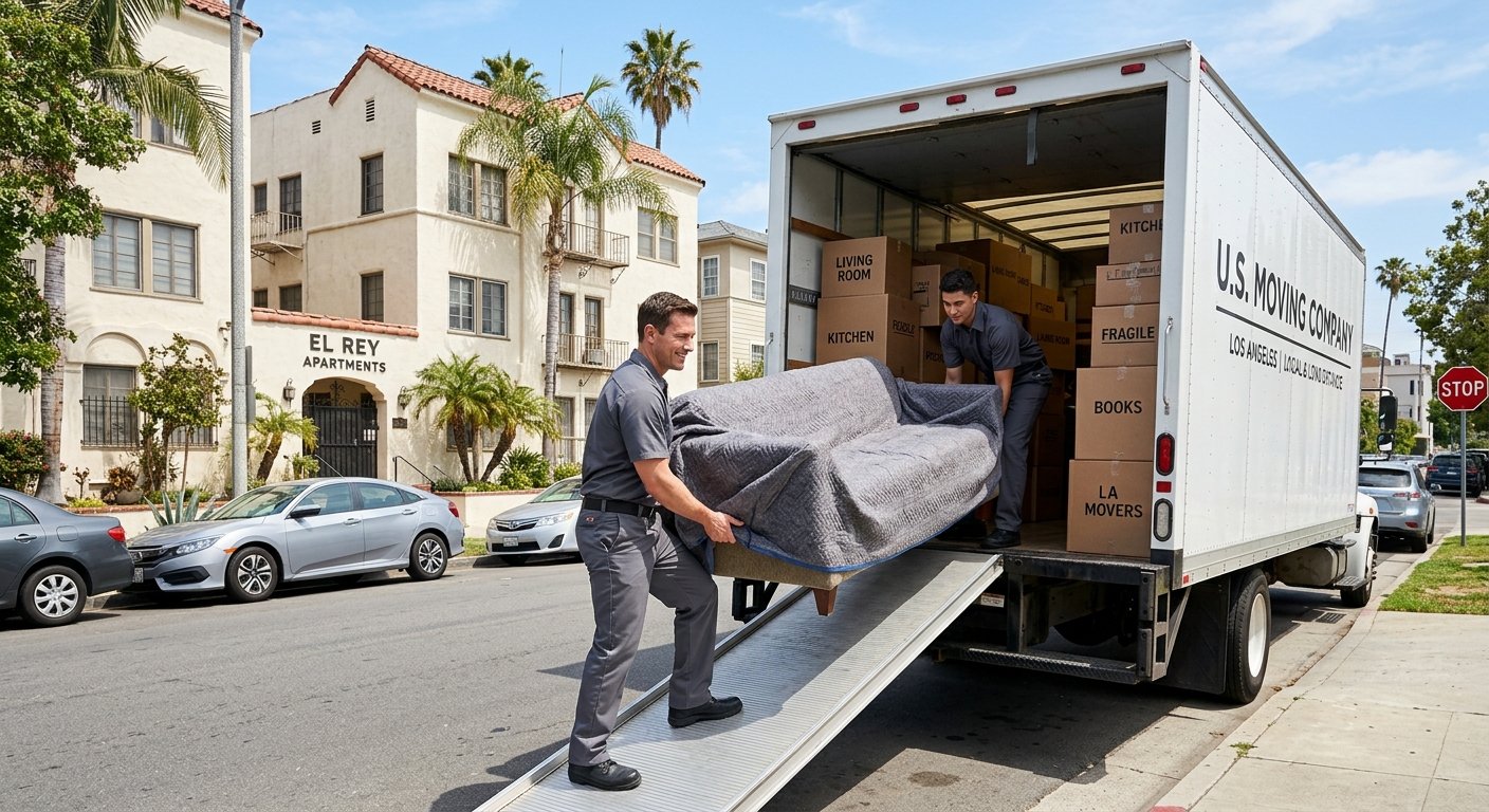 Professional movers loading boxes into a moving truck outside a Los Angeles apartment building