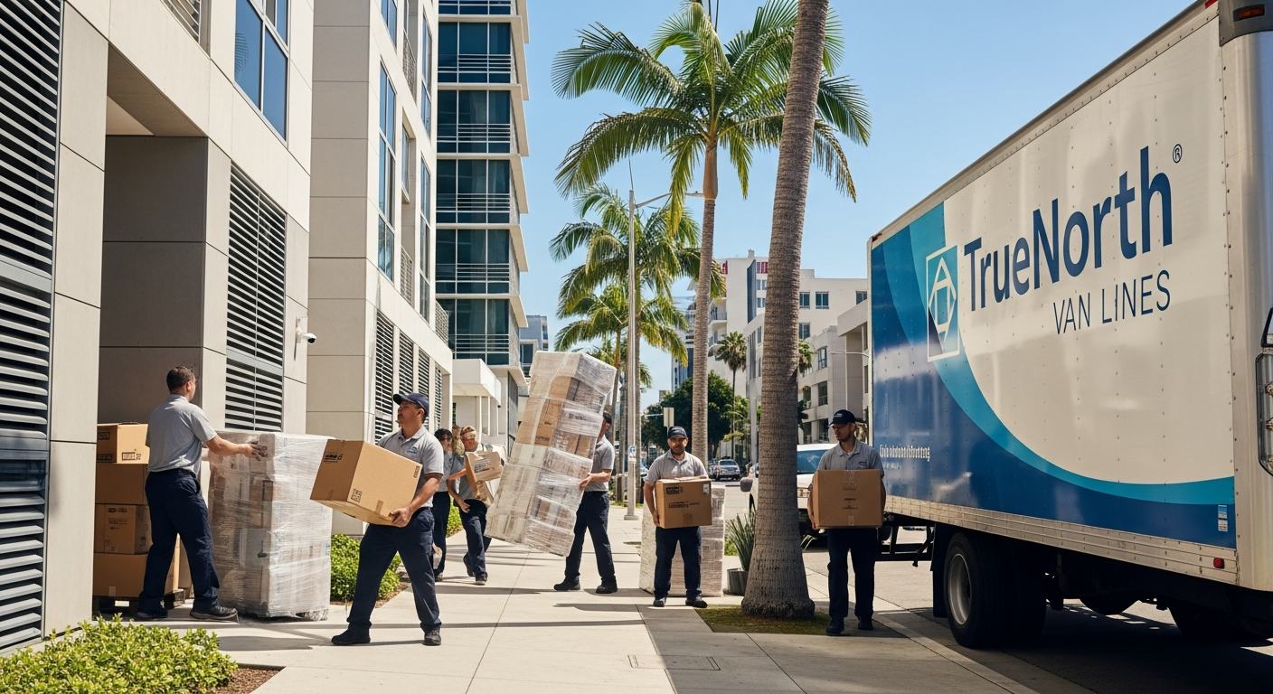 Professional movers unloading boxes into a Los Angeles apartment building
