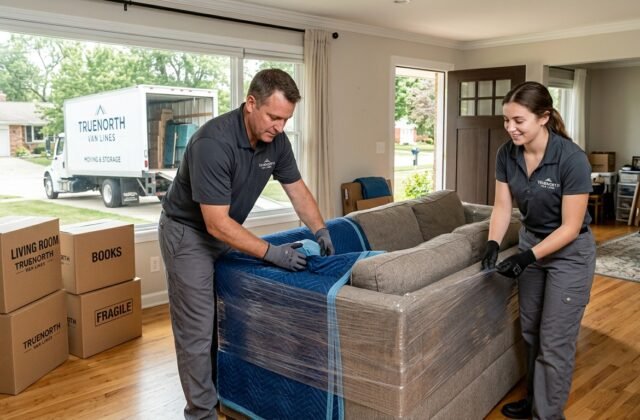 Professional movers wrapping furniture and stacking labeled boxes in a home