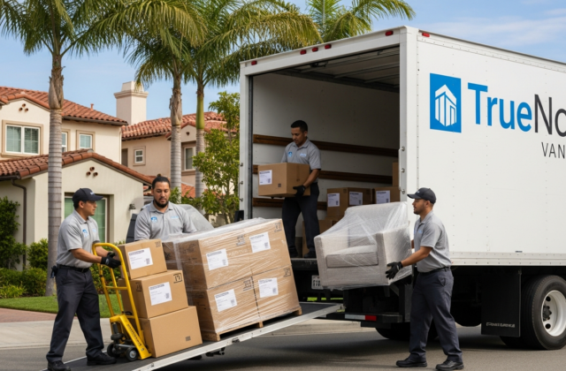 Professional movers loading a truck in an Orange County neighborhood