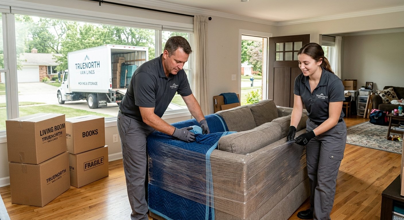Professional movers wrapping furniture and stacking labeled boxes in a home