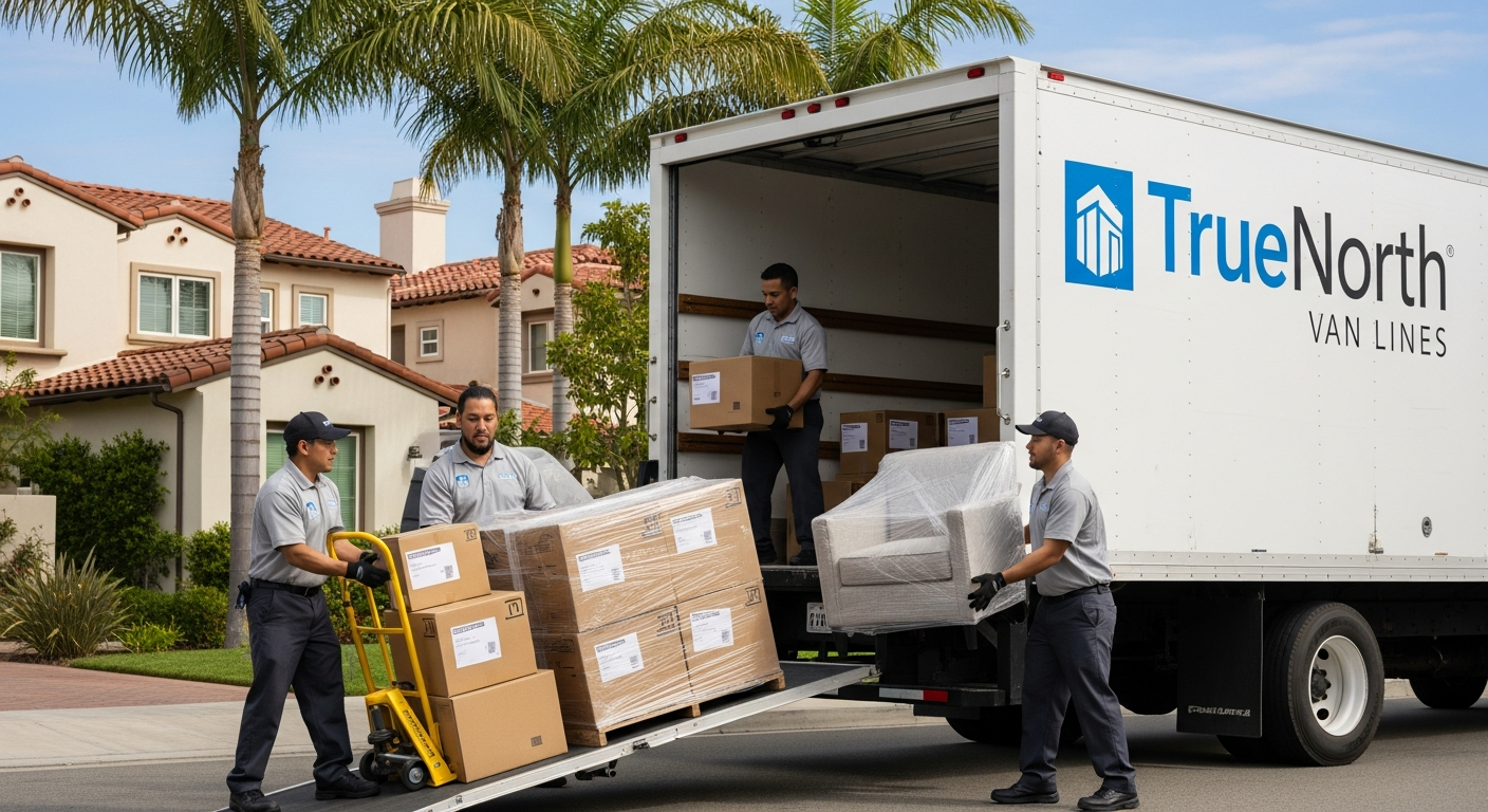 Professional movers loading a truck in an Orange County neighborhood