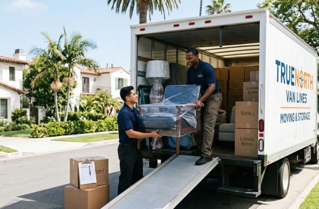 Professional movers loading a TrueNorth Van Lines truck in Los Angeles