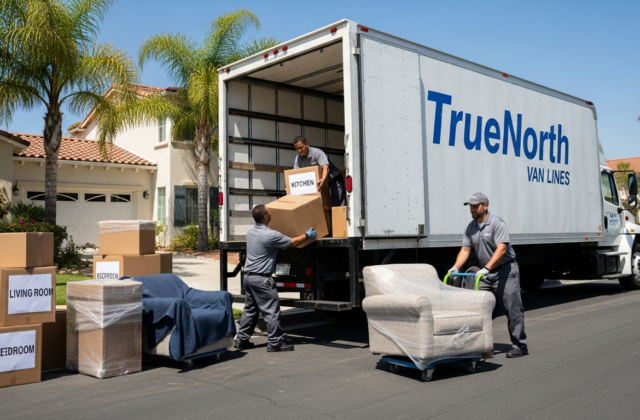Professional movers loading a truck in a sunny Inland Empire neighborhood