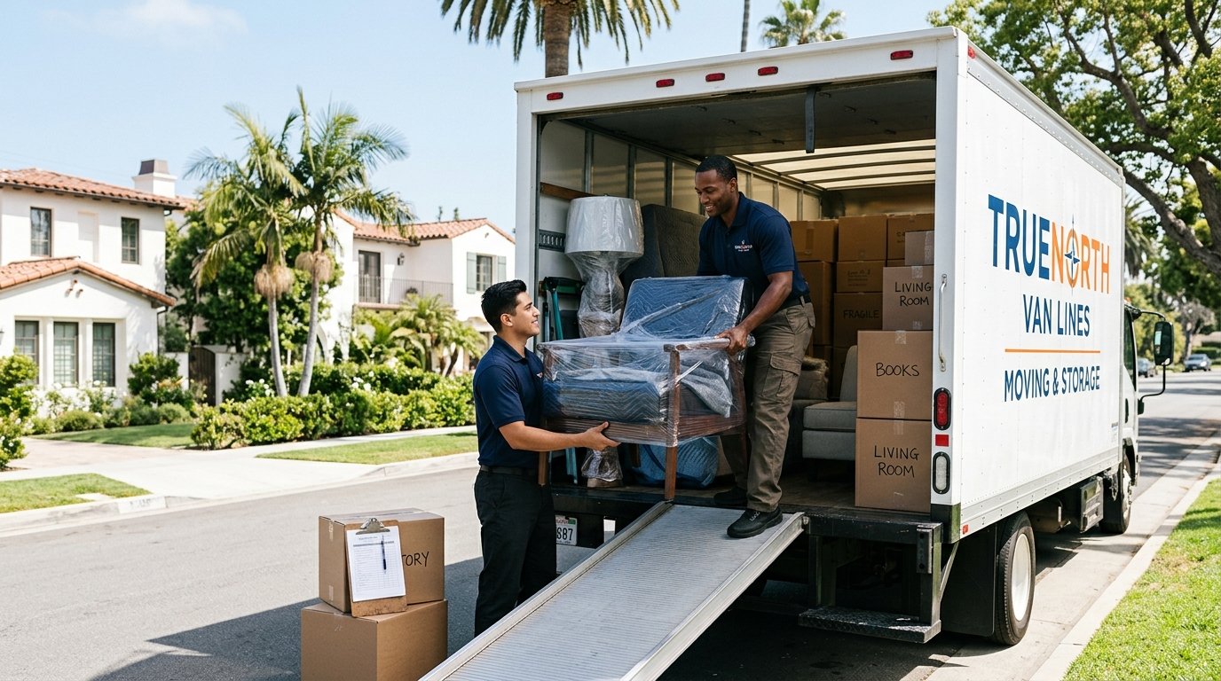Professional movers loading a TrueNorth Van Lines truck in Los Angeles