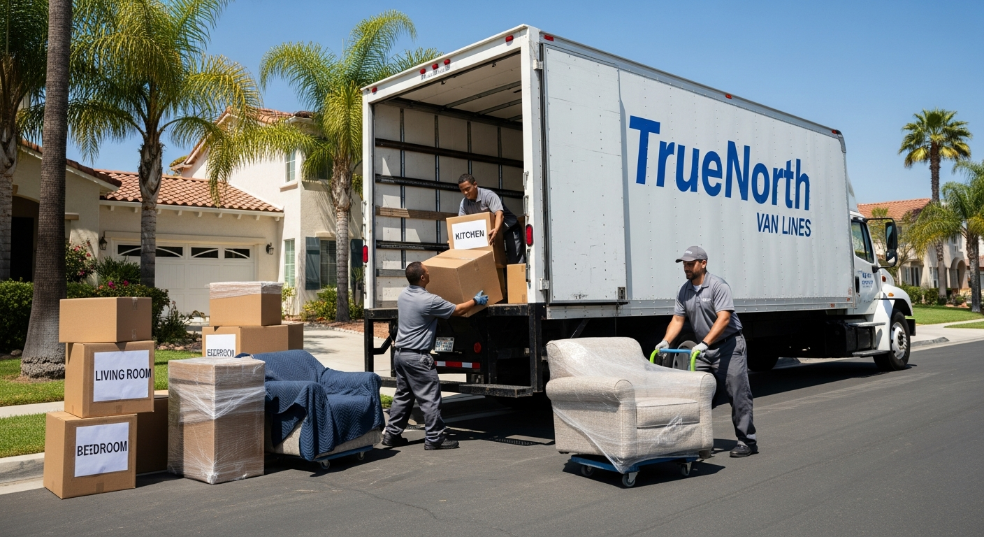 Professional movers loading a truck in a sunny Inland Empire neighborhood