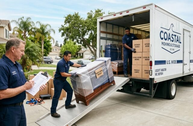Professional movers loading a truck while reviewing a moving estimate form