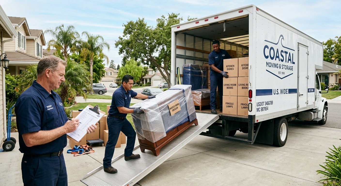Professional movers loading a truck while reviewing a moving estimate form