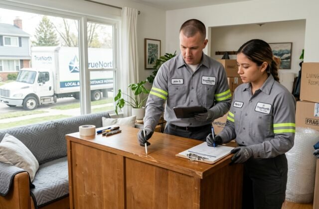 Mover documenting scratched dresser while customer reviews moving damage form