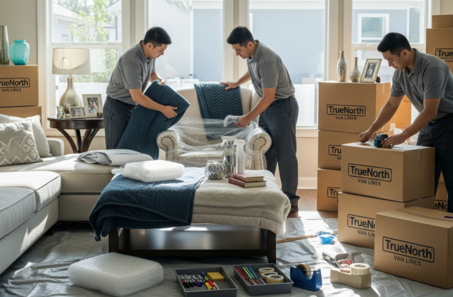 Professional movers packing a living room with labeled moving boxes and protected furniture