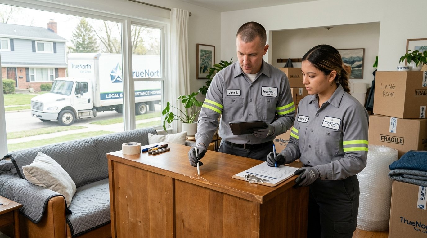Mover documenting scratched dresser while customer reviews moving damage form
