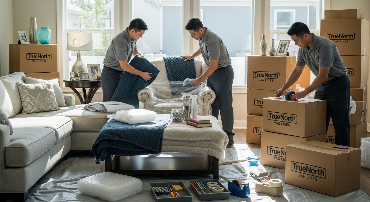 Professional movers packing a living room with labeled moving boxes and protected furniture