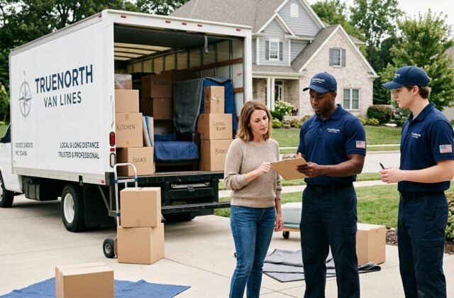 Mover and customer reviewing a bill of lading beside a moving truck