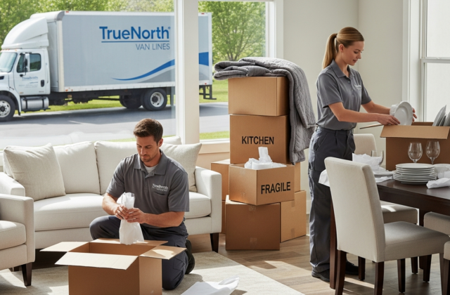Professional movers carefully packing fragile glassware in a home