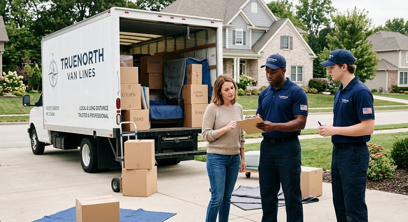 Mover and customer reviewing a bill of lading beside a moving truck