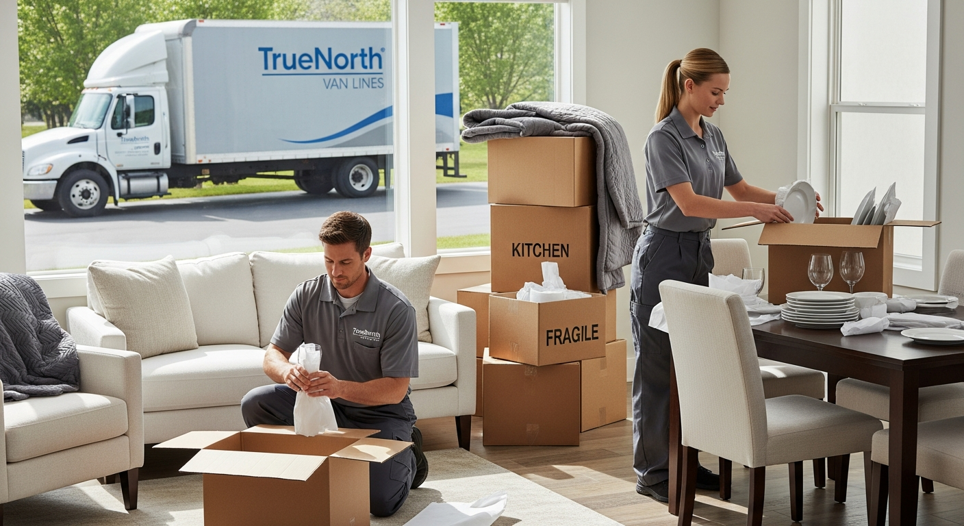 Professional movers carefully packing fragile glassware in a home