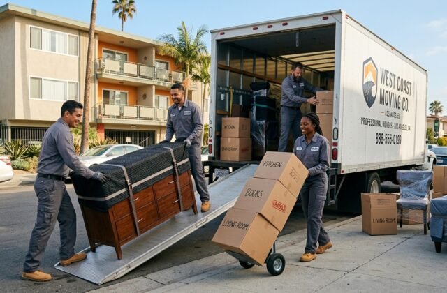 Professional movers loading wrapped furniture and boxes into a truck in Los Angeles