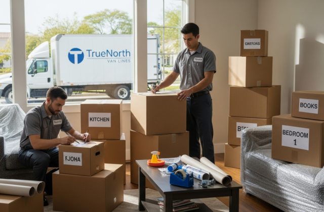 Professional movers organizing labeled moving boxes and packing supplies in a two-bedroom home