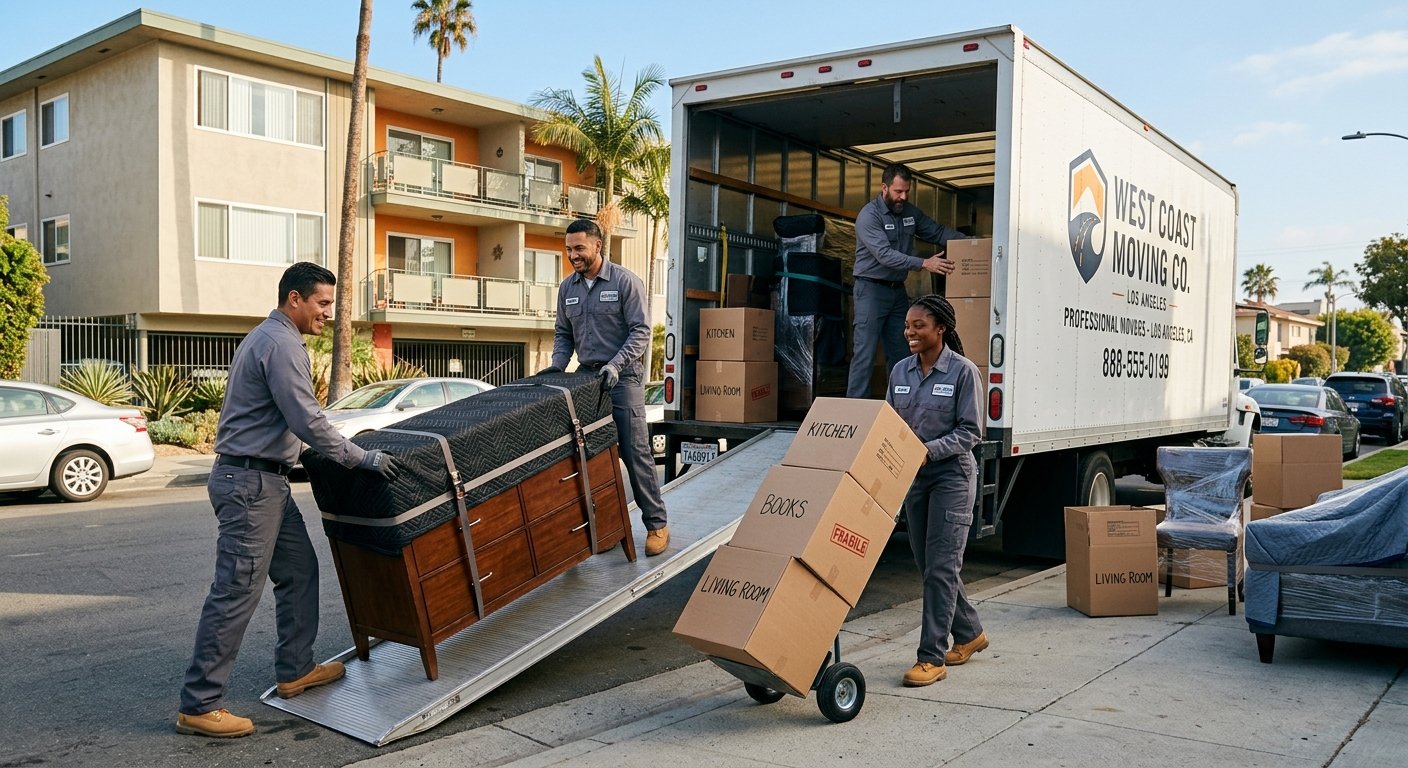 Professional movers loading wrapped furniture and boxes into a truck in Los Angeles