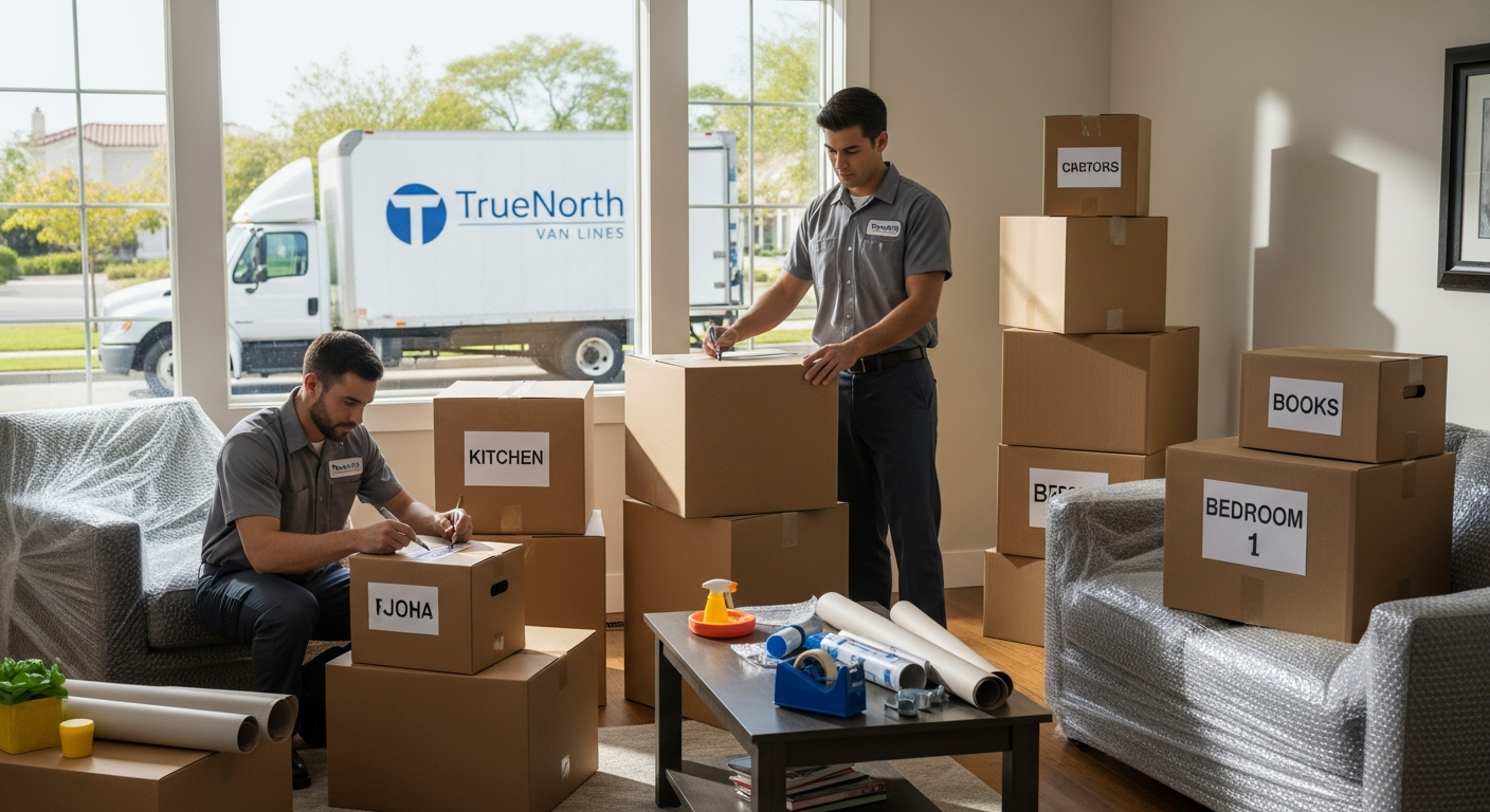 Professional movers organizing labeled moving boxes and packing supplies in a two-bedroom home