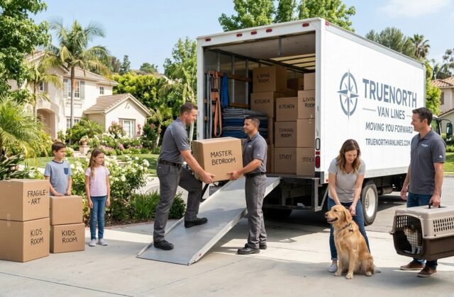 Movers loading a truck while a family prepares their dog and cat for moving day
