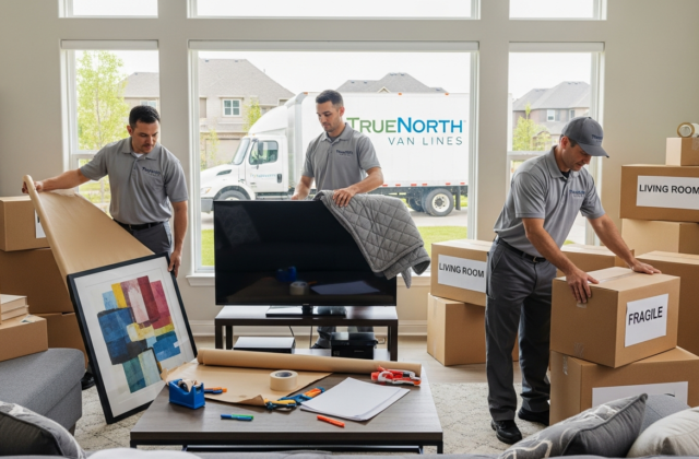 Professional movers packing boxes and furniture in a family living room