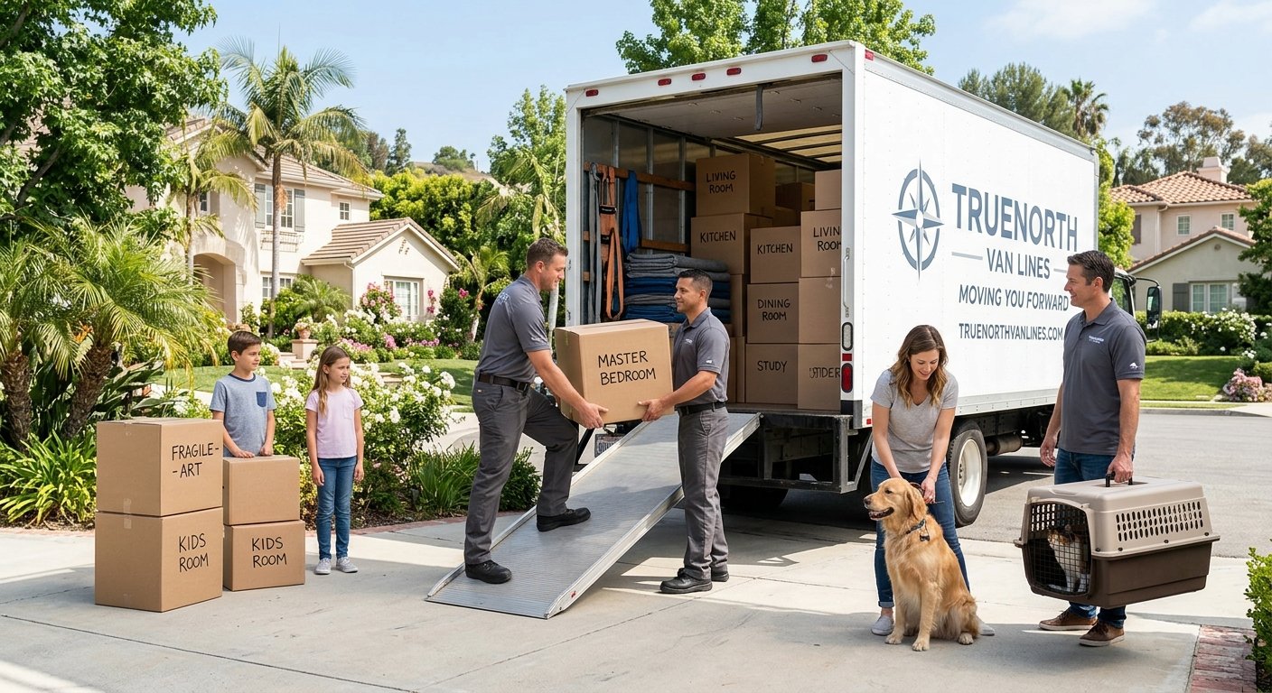 Movers loading a truck while a family prepares their dog and cat for moving day