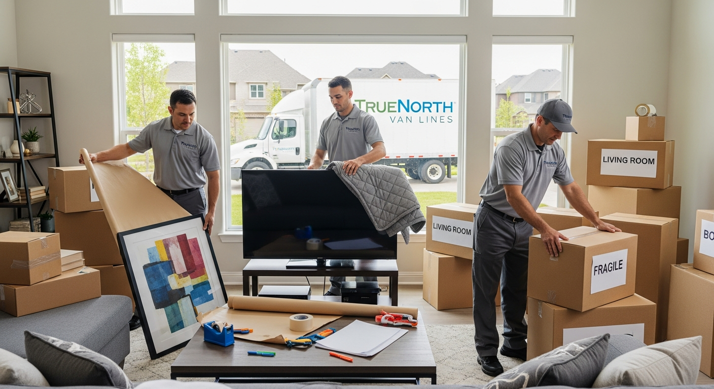 Professional movers packing boxes and furniture in a family living room