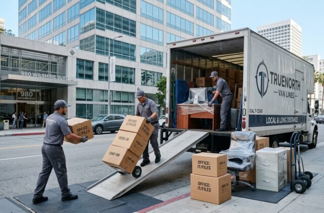 Professional movers handling a last-minute commercial office move in Los Angeles