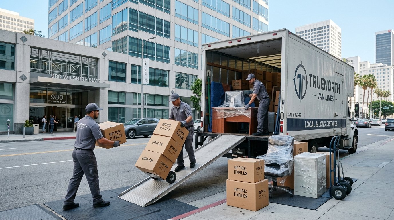 Professional movers handling a last-minute commercial office move in Los Angeles