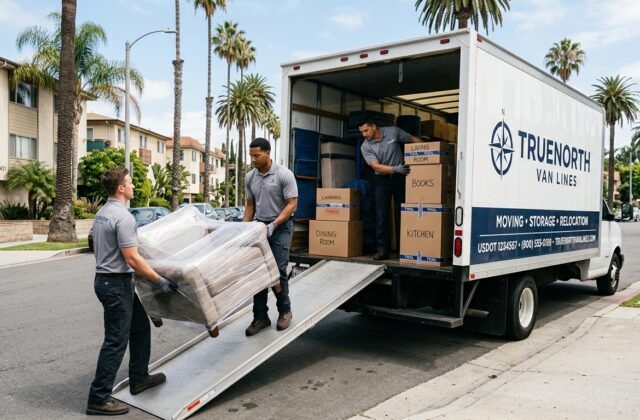 Professional movers loading a moving truck on a sunny Los Angeles street