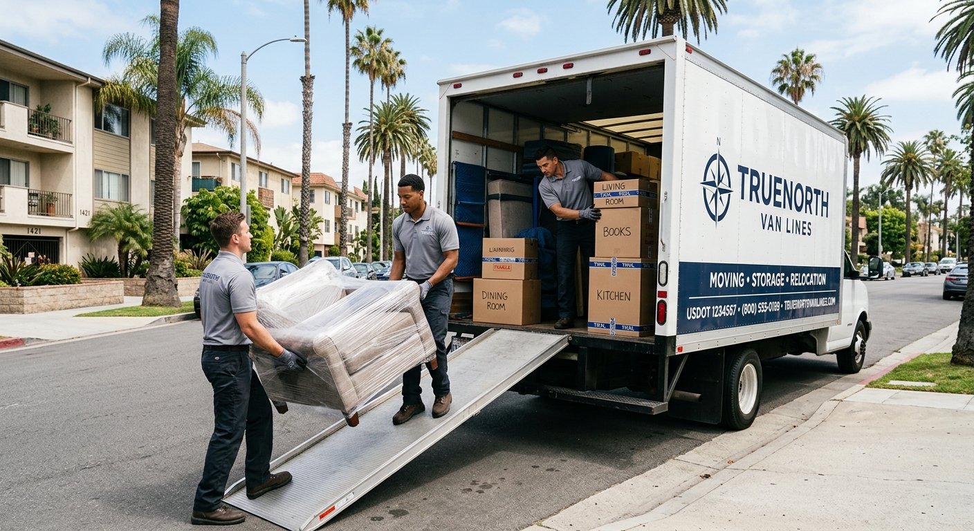 Professional movers loading a moving truck on a sunny Los Angeles street