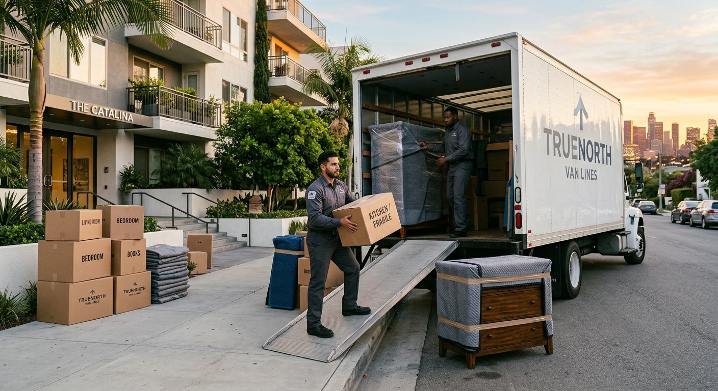 Professional movers loading a truck during a move-out at a Los Angeles apartment building