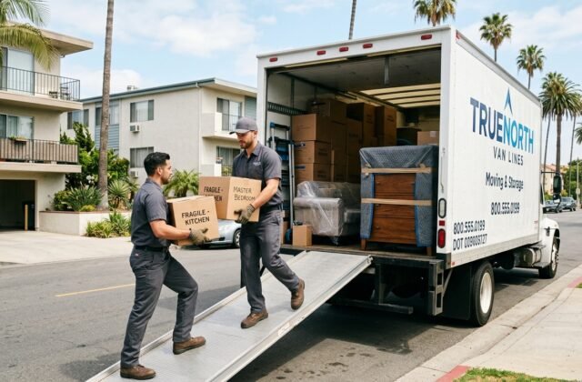 Professional movers loading boxes for a studio move in Los Angeles