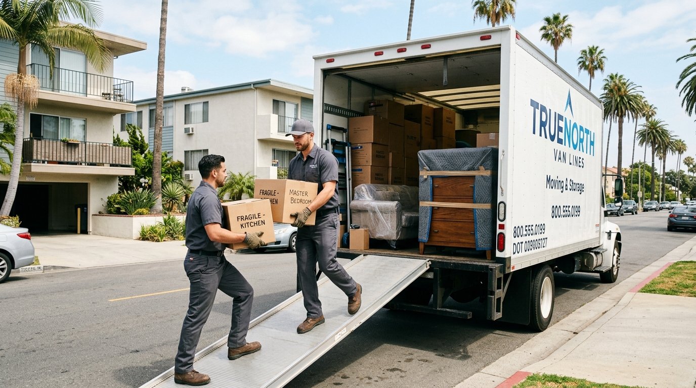 Professional movers loading boxes for a studio move in Los Angeles