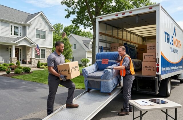 Professional movers loading padded furniture and labeled boxes into a moving truck