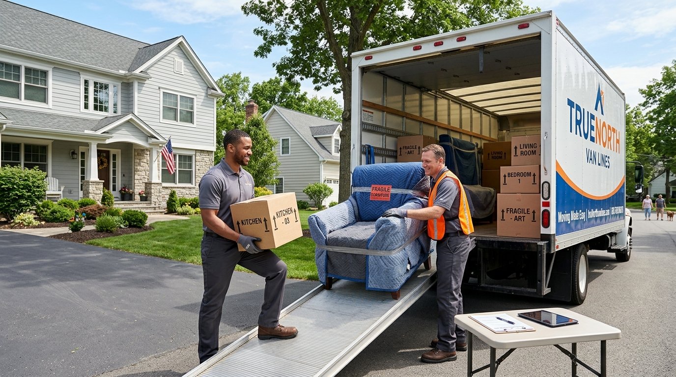 Professional movers loading padded furniture and labeled boxes into a moving truck