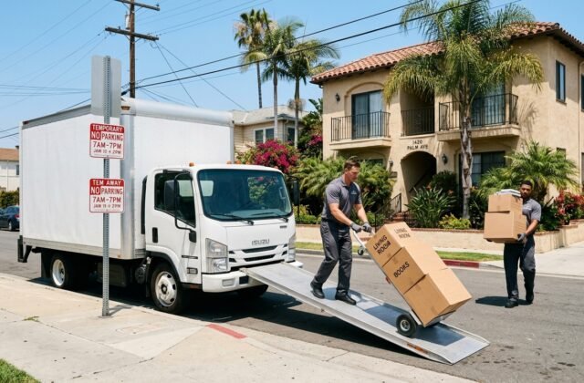 Moving truck parked with temporary no-parking signs on a Los Angeles street while movers load boxes