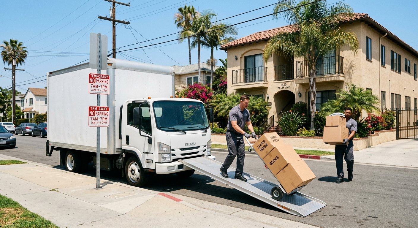 Moving truck parked with temporary no-parking signs on a Los Angeles street while movers load boxes