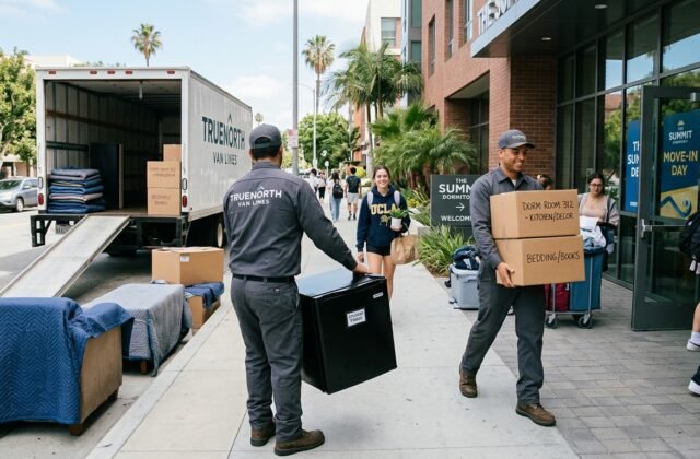 Professional movers helping Los Angeles college students move into a dorm