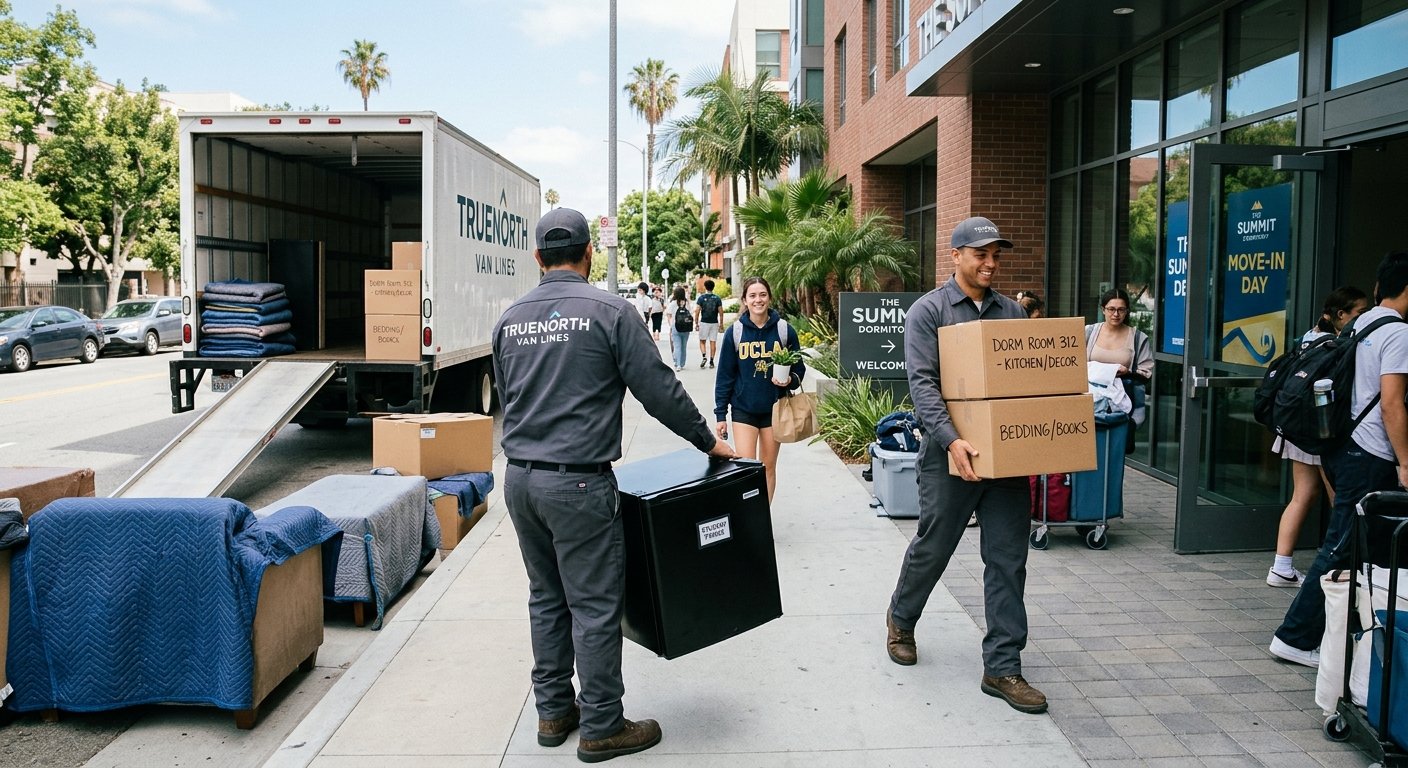 Professional movers helping Los Angeles college students move into a dorm